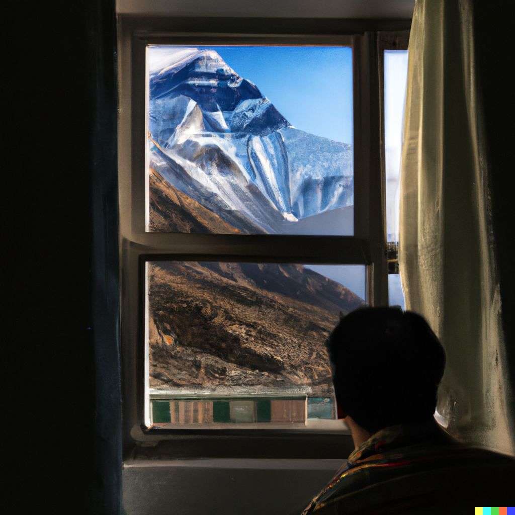 a photograph of someone gazing at Mount Everest seen through a window
